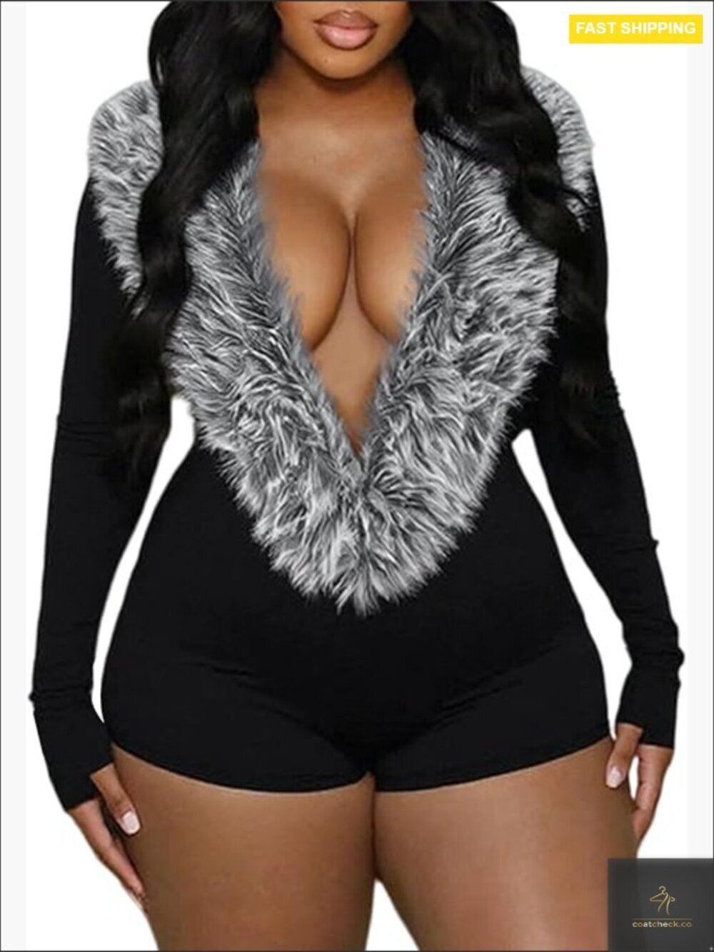Faux Fur Romper Long Sleeve Deep V-Neck Bodycon Party Outfit Y2K Sexy